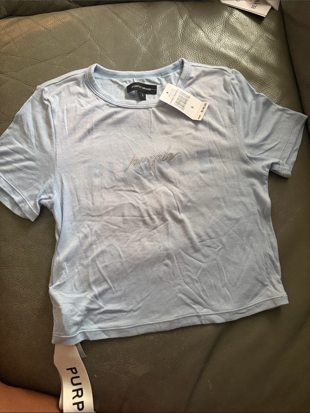 PURPLE Brand Light Blue Girls' Rhinestone Logo Short Sleeve Tee
